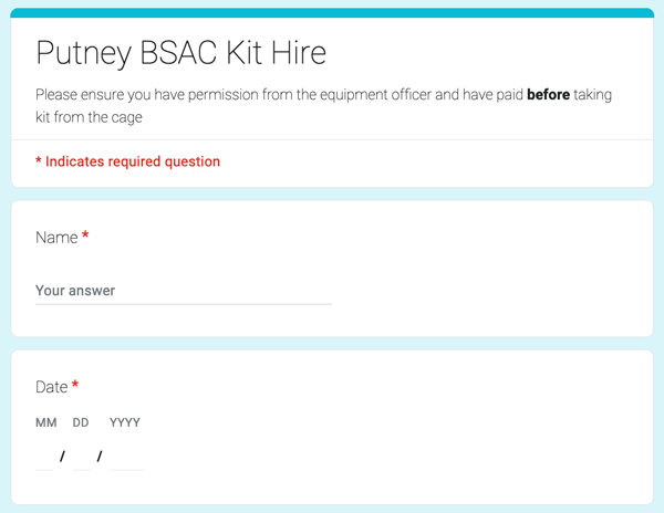 Putney BSAC Equipment Hire Form